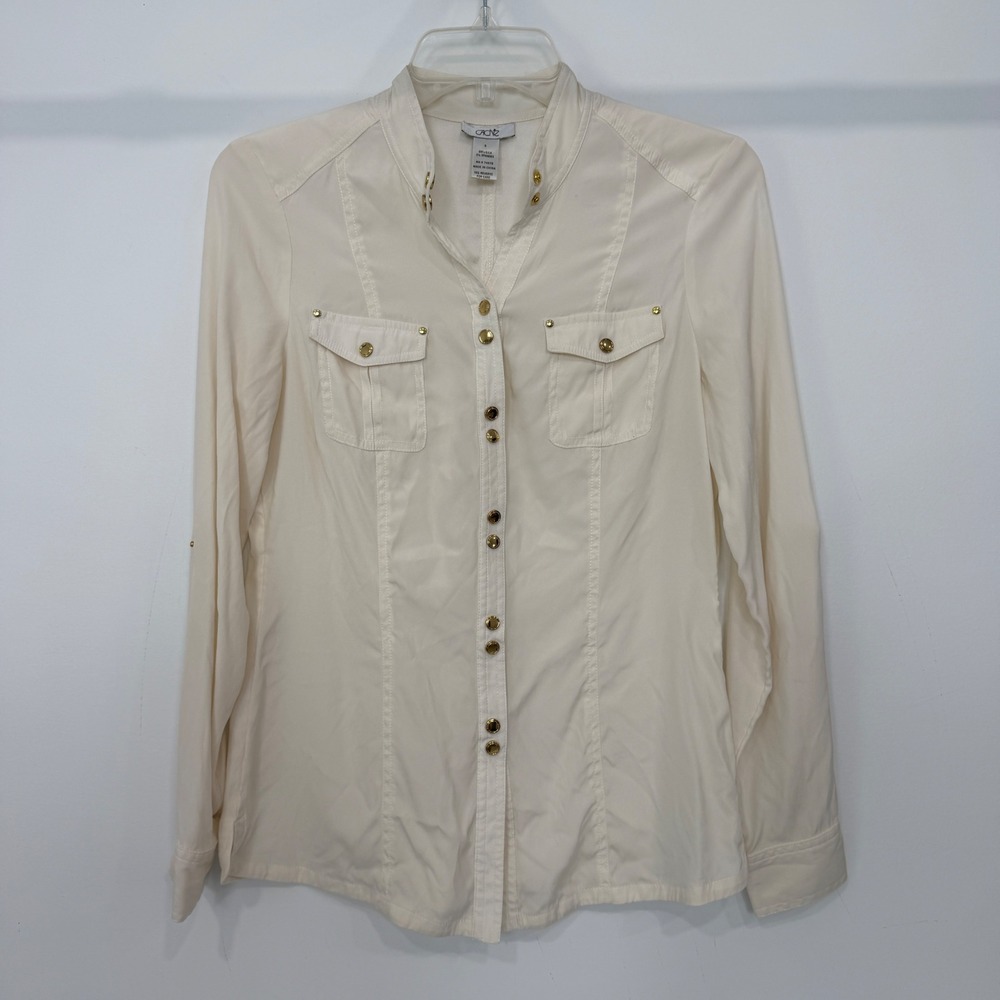 Cache Cream Silk Blend Gold Snap Button Utility Roll Tab Sleeve Shirt Small